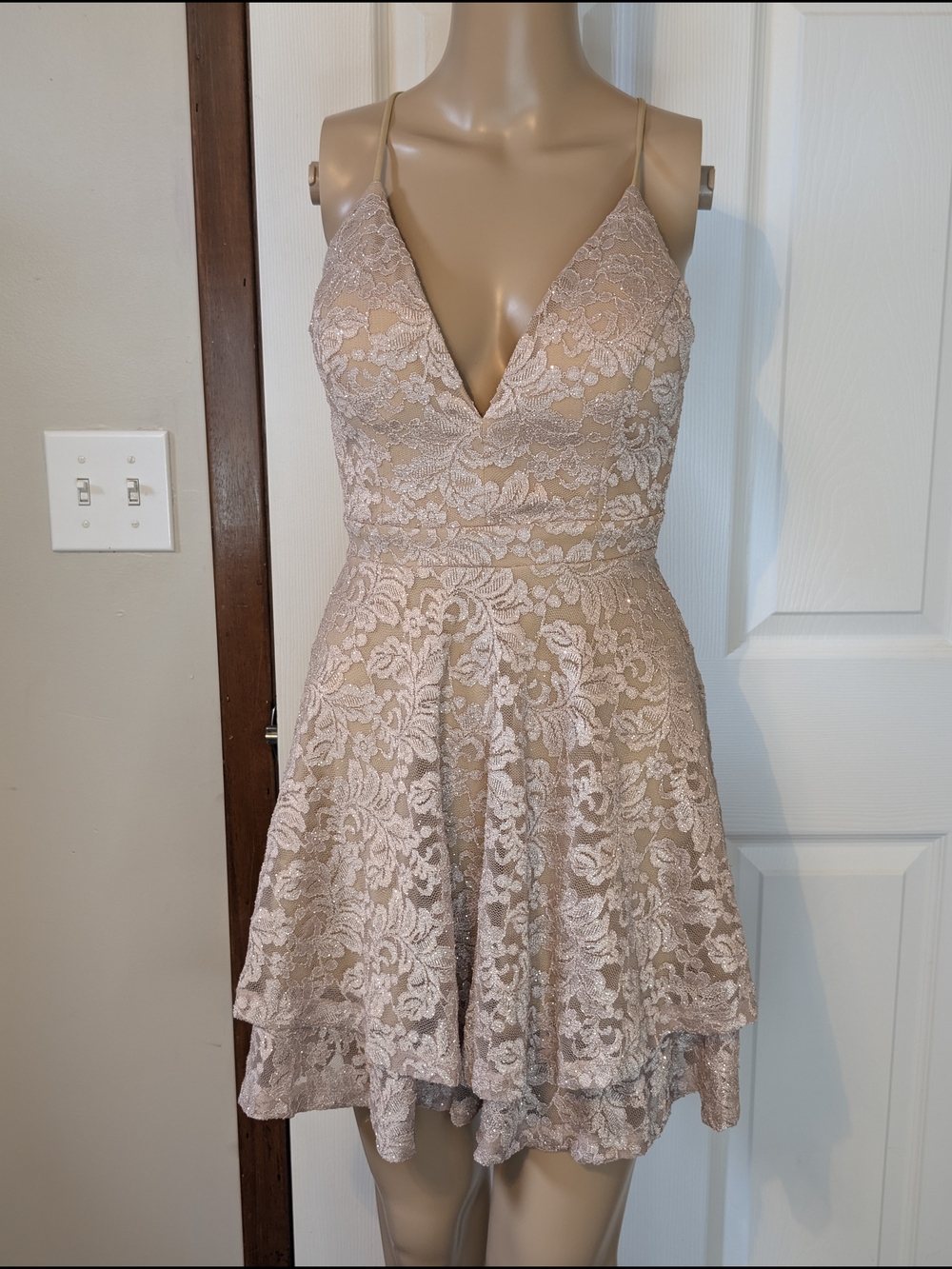 Emerald Sundae Dusty Blush/Rose Gold Lace Plunge Mini Dress-small